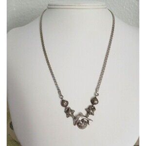 Dolphin Sealife Shell Necklace Sterling Silver Diamond Finish 925 Italy 18 long